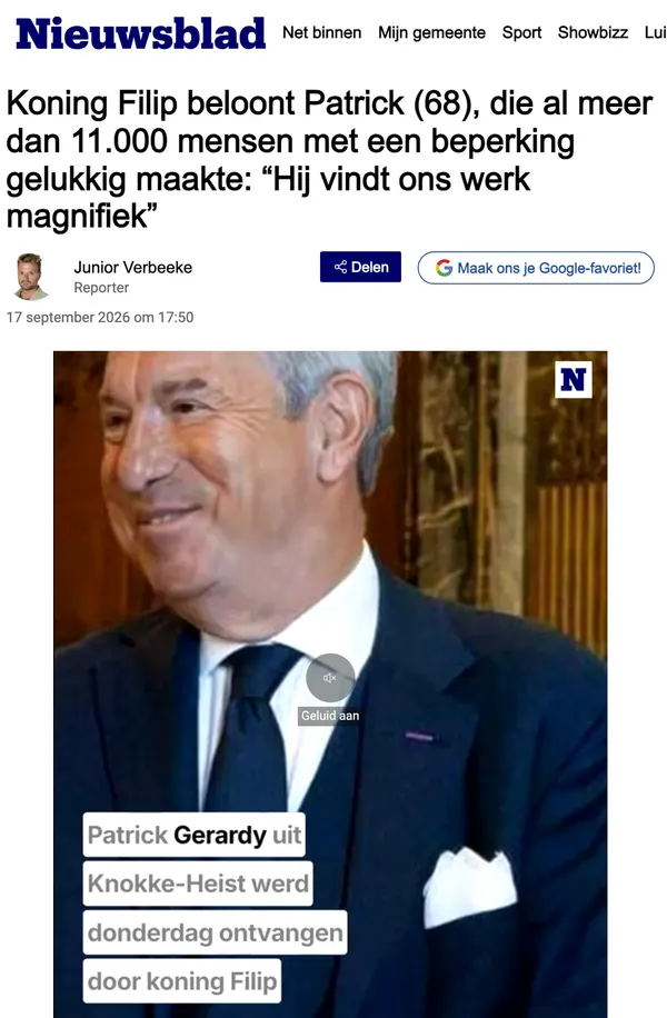Begin van het artikel in Het Nieuwsblad: titel en foto